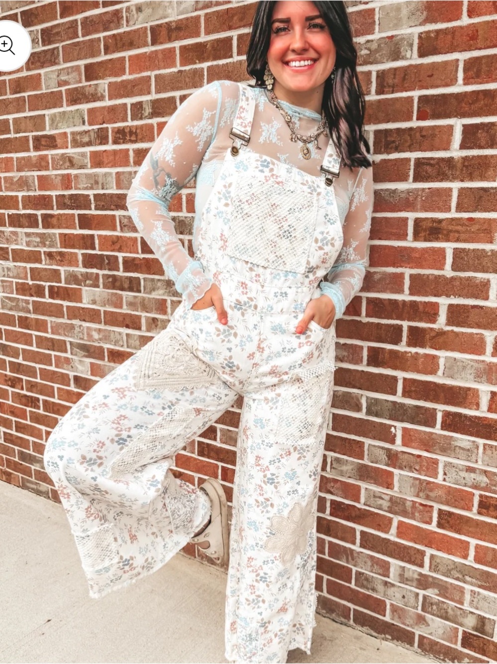 NWT POL Touch of Flowers Crochet Patch Overalls, Cream Floral Patchwork - Picture 4 of 15